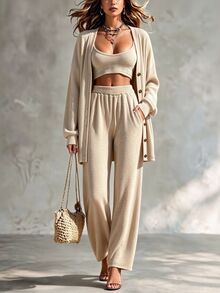 RosyDaze Women's Solid Color Long Sleeve Single-Breasted Knit Cardigan Cropped Tank Top And Long Sleeve Casual Set - Khaki - View 3