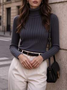 Cévolie Blue Turtleneck Long Sleeve Pullover Sweater Autumn - Blue - View 7