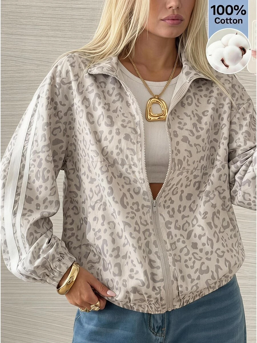 SHEIN EZwear 豹紋針織女款休閒夾克 - 灰色 - 查看 1