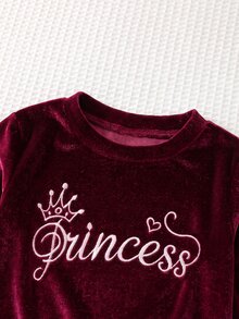 Cozy Pixies 女嬰字母皇冠刺繡天鵝絨圓領長袖套頭衛衣與鬆緊腰長褲 2件/套 幼兒女童服飾，舒適百搭時尚日常可愛休閒極簡百搭風，秋冬，適合室內 - 紅色 - 查看 4