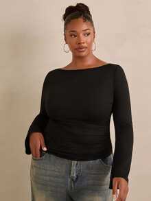 Travachic CURVE+ Black Open Shoulder Long Sleeve Thermal Base Layer Top, Ruched Waist Fitted Tee, Fall Winter - Black - View 6