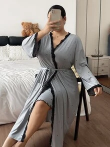 Napfluff CURVE Napfluff CURVE Plus Size Women Polka Dot Print Lace Patchwork Camisole Nightgown And Robe Set - Light Grey - View 7