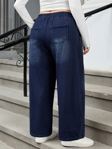 Flexra Plus Size Women's Thickened Winter Casual Wide Leg Jeans - Dark Wash - View 2