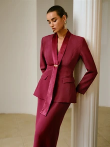 ZEYLAH Women's Elegant Suit Set With Metal Decor Lapel Blazer And Skirt - Burgundy - View 7