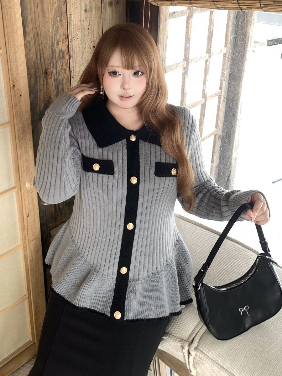 Bijouette Plus Size Casual Long-Sleeved Front Button Detail Sweaters,Soft Fabric, Japanese Sweet Style, Going Out,Autumn Sweaters,Fall/Winter,Grey Sweaters - Grey - View 1