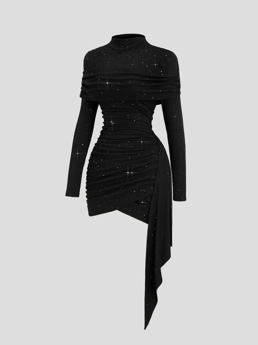Sweetra American Hot Girl Style Unique Semi-High Neck With Overlay Design, Bodycon Ruched Waist With Ribbon Accents, Shiny Fabric Long Sleeve Party Dress For Women, Autumn - Black - View 1