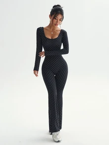 SHEIN Dewbera Women's Polka Dot Print Long Sleeve Flare Leg Jumpsuit - Black - View 6