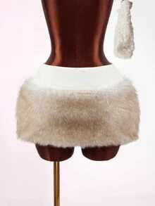 Mistrie Women's Sexy Faux Fur & Metal Button Patchwork Skirt - White - View 2