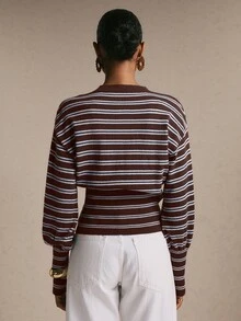 Poéselle Women New Retro Color‑Block Striped Single‑Breasted Knit Cardigan, Cozy Casual Versatile Staple For Back‑To‑School Daily Street Commute Office Outfit - Brown - View 3