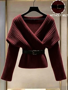 GlowEve 女款純色交叉裹領長袖時尚T恤 - 酒紅色 - 查看 1