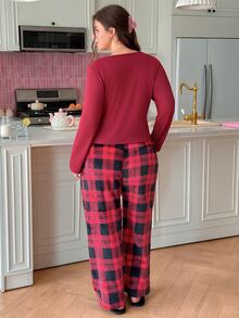 Slumberry CURVE Plus Size Women's Casual Home Plaid Long Sleeve Long Pants Pajama Set - Red - View 2