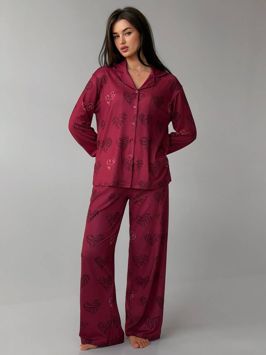 DAZY Women's Leopard Print Button-Up Top And Long Pants Pajama Set - Red - View 1