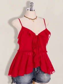SHEIN ICON 大尺碼女款荷葉邊雪紡純色綁帶細肩帶背心 - 紅色 - 查看 5