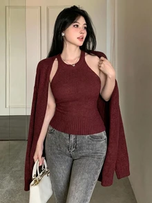 DAZY 2件組女款純色細肩帶背心開襟針織衫套裝，秋季 - 酒紅色 - 查看 3