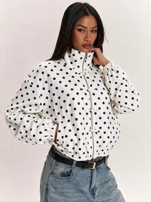 SHEIN BAE Women's Casual Street White Polka Dot Frog Button Design Zipper Tapered Jacket - White - View 3