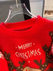SHEIN EZwear 2026 聖誕秋冬新款拼色提花鹿紋紅白色套頭毛衣（聖誕新年風），適合聖誕節、秋冬、日常通勤、約會、派對、秋冬季節、聖誕派對 - 彩色 - 查看 4