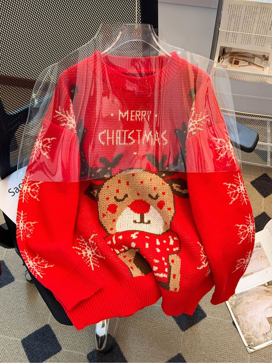 SHEIN EZwear 2026 聖誕秋冬新款拼色提花鹿紋紅白色套頭毛衣(聖誕新年風),適合聖誕節、秋冬、日常通勤、約會、派對、秋冬季節、聖誕派對 - 彩色 - 查看 1