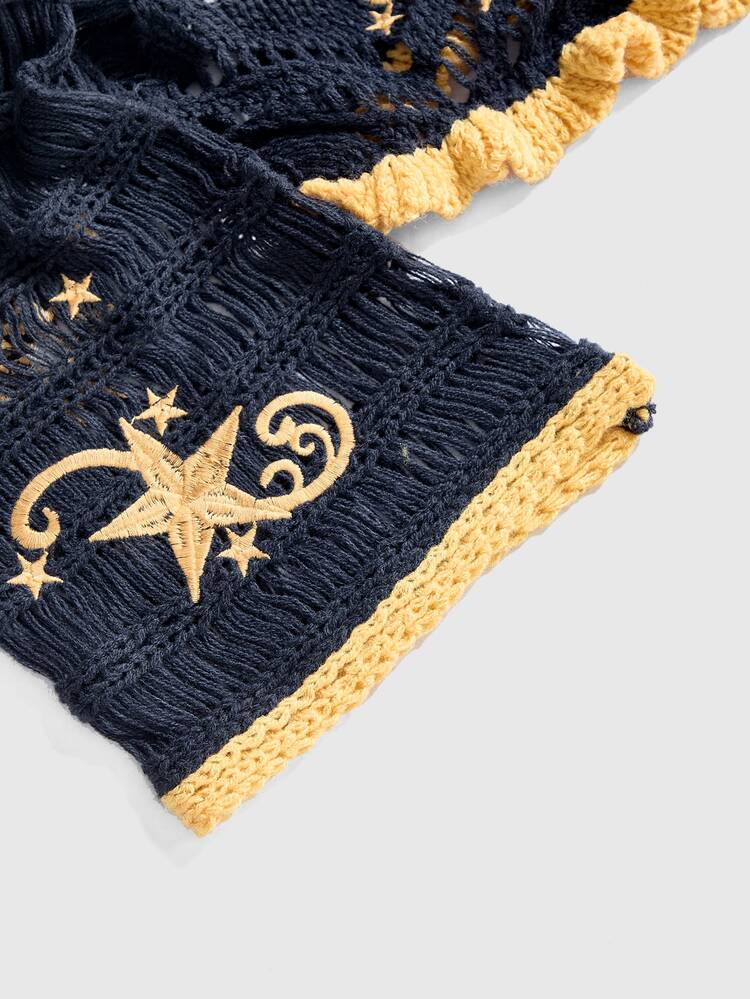 ROMWE Fairycore Women's Cropped Asymmetrical Shoulder Embroidered Hollow-Out Sexy Sweater - Navy Blue - View 4