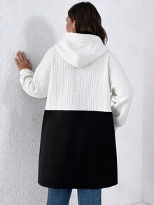 SHEIN LUNE Plus Size 2-Color Drop Shoulder Drawstring Hooded Cardigan Jacket Black & White Women's Autumn/Winter - Black and White - View 2