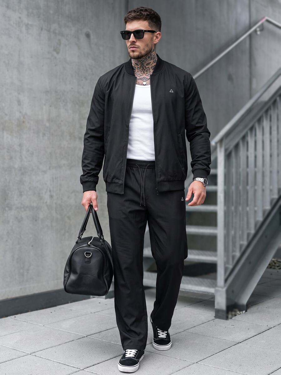 Manfinity CasualCool طقم جاكيت وبنطلون بطبعة هندسية وياقة بيسبول للرجال، إصدار العطلات للهالوين والكريسماس وليلة رأس السنة - الأسود - مشاهدة 1