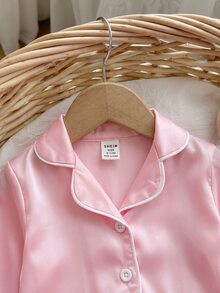 Dozemod Baby Girl Sweet Minimalist Bow Pattern Lapel Button Ruffle Trim Long Sleeve Long Pants Comfortable Skin-Friendly Knit Pajama Set 2pcs - Baby Pink - View 11