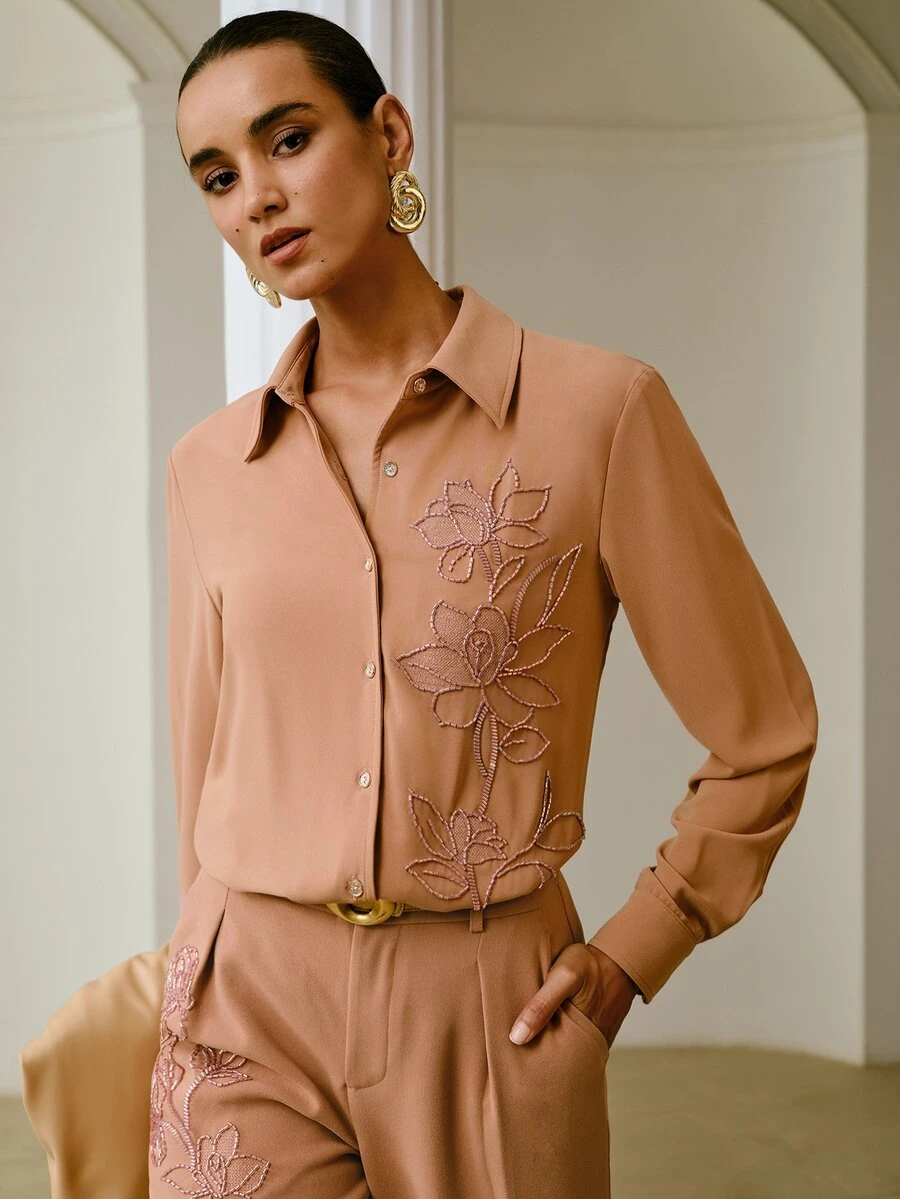 ZEYLAH Women's Long Sleeve Single-Breasted Elegant Commute Embroidered Blouse - Khaki - View 1