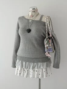 Sunspun Plus Size Women's Pure Desire Cute Style Solid Gray Asymmetrical Off-Shoulder Cami Knit Sweater Pullover, Suitable For Spring/Autumn/Winter/Daily Commute/Home/Outdoor/Travel/Vacation/Date Outfits - Grey - View 5