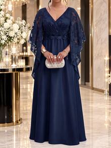 Fleurora Plus Size Women's V-Neck Pleated Casual Party & Travel Dress - Navy Blue - View 1