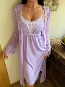 DAZY Women's Lace Patchwork Camisole Dress And Cardigan Casual Sleepwear Set - Purple - View 5