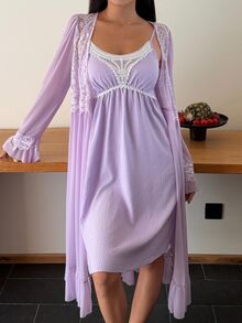 DAZY Women's Lace Patchwork Camisole Dress And Cardigan Casual Sleepwear Set - Purple - View 9
