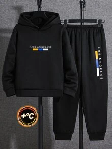 SHEIN Tween Boy Letter Print Long Sleeve Sweatshirt And Jogger Pants Set - Black - View 6
