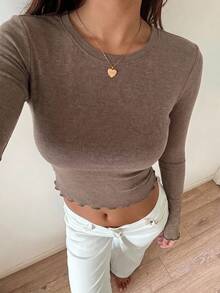 DAZY 女款露肩修身長袖休閒套頭優雅短版T恤上衣 - 灰色 - 查看 5
