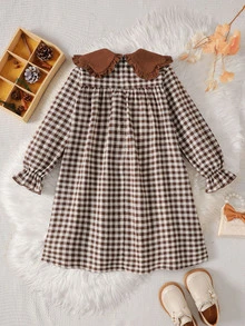 SHEIN Tween Girl Tween Girl Tween Girl Autumn/Winter Daily Pastoral Plaid Patchwork Peter Pan Collar Dress - Brown - View 2