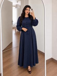 Solavon Plus Size Striped Colorblock Frog Button Long Sleeve Dress - Navy Blue - View 6