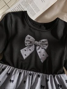 SHEIN 女童蝴蝶結印花圓領長袖休閒洋裝 - 黑色 - 查看 5
