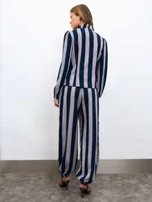 Nöista Women's Button Ruffle Trim Blouse And Striped Colorblock Jogger Pants Set - Navy Blue - View 6
