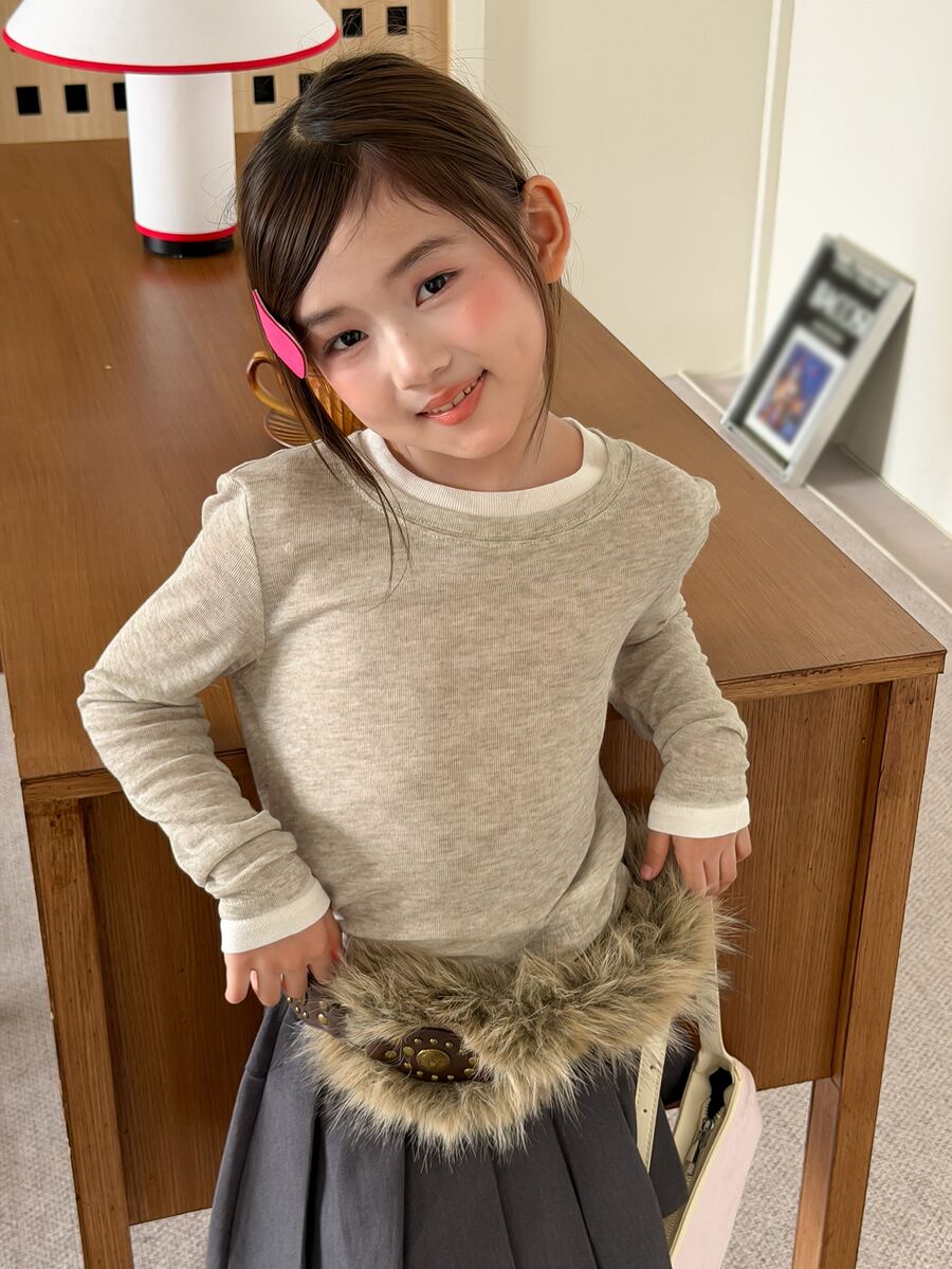 DAZY Tween Girl Colorblock Casual Versatile Daily Long Sleeve T-Shirt - Beige - View 1