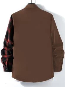 Manfinity Homme 男士 1 件格紋拼接口袋補丁鈕扣襯衫，秋季長袖上衣 - 棕色 - 查看 2