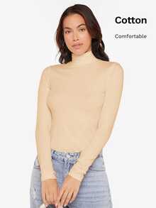 SHEIN BASICS 女款白色素色長袖高領羅紋針織修身T恤上衣，辦公室秋季基礎休閒款 - 卡其色 - 查看 8