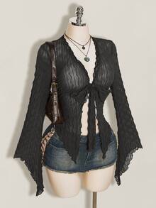 SHEIN ICON 不對稱下擺喇叭袖復古性感植絨網紗透視前開襟女款上衣 夜出穿搭 棕色系 夏季 - 深灰色 - 查看 3
