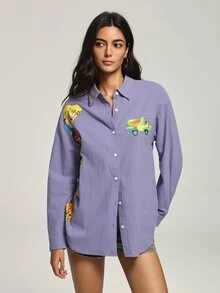 SCOOBY-DOO X SHEIN Kemeja Kasual Wanita Motif Kartun untuk Pemakaian Sehari-hari - Mauve Purple - View 3