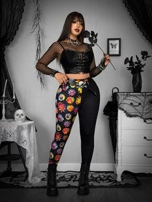 Whyspr Rick and Morty X SHEIN سروال ضيق مقاس كبير بطبعة زهور وتصميم رقعات بألوان متباينة - الأسود - مشاهدة 7