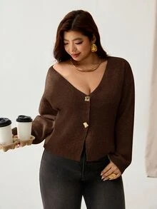 Auralis 女款V領金屬鈕扣時尚極簡長袖開襟針織衫 冬季 - 棕色 - 查看 8