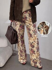 Lavishia Women's Elegant Vintage Printed Long Pants, Suitable For Autumn/Winter Outdoor Wear - Khaki - View 2