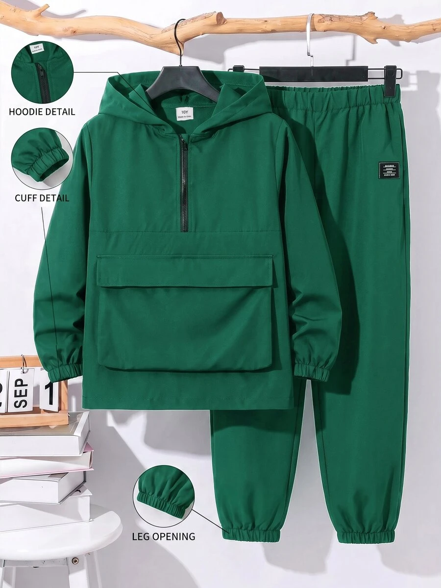 兒童青少年男孩半拉鍊連帽外套與慢跑長褲 2 件套,休閒運動風,適合秋冬 - 墨綠色 - 查看 1