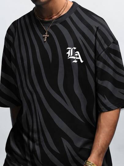 NobleFwd Men's Vintage Zebra Stripe T-Shirt, Round Neck Short Sleeve LA Graphic Print Loose Casual Streetwear Top Vintage Men's T-Shirt