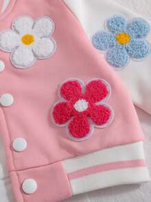 SHEIN Playful Pals Baby Girl Autumn/Winter Casual Sweet Cute Preppy Style Pink & White Colorblock Design 3D Plush Floral Applique Single-Breasted Ribbed Collar Drop Shoulder Baseball Jacket - Pink - View 6