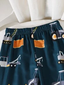 2pcs/Set Boys' Knit Lapel Cardigan Top With Construction Vehicle Print And Casual Long Pants, Home Wear Outfit - Navy Blue - View 5