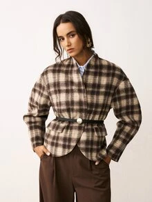 ATUI Studio Women's Fashion Plaid Long Sleeve Overcoat, Versatile - Brown - View 5