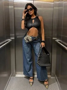 SHEIN Jeanoir ملابس علوية تانك قصيرة مثيرة بتصميم مفرغ بلون موحد للنساء - الأسود - مشاهدة 4